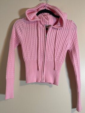 Urban Weekend Sweater Juniors Medium Pink Cable-Knit Zip Hoodie Soft Girl Pastel